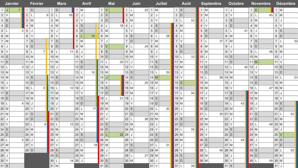 Calendrier 2026  : jours fériés, vacances, numéros de semaine 